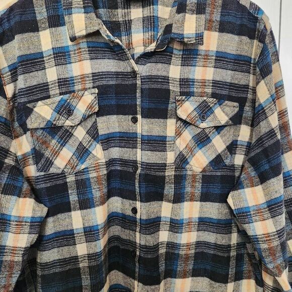Burnside plaid button front long sleeve flannel shirt tan blue black orange XL - Picture 3 of 6